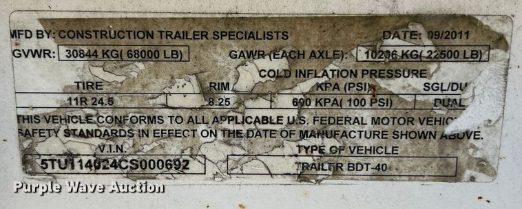 image for item ET3111 2012 Construction Trailer Specialist BDT-40 bottom dump trailer