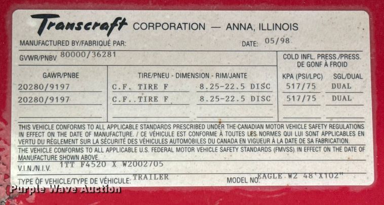 image for item EU2182 1998 Transcraft Eagle W2 flatbed trailer