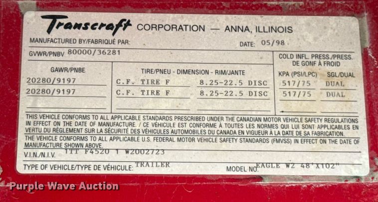 image for item EU2190 1998 Transcraft Eagle W2 flatbed trailer