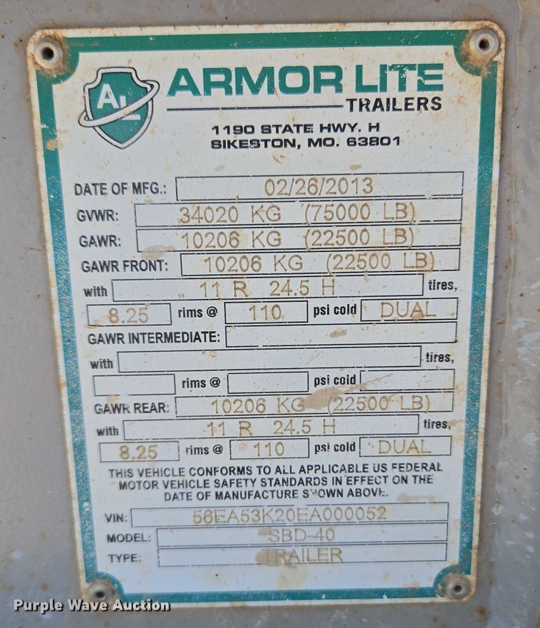 image for item EU3569 2014 Armor Lite SBD-40 bottom dump trailer