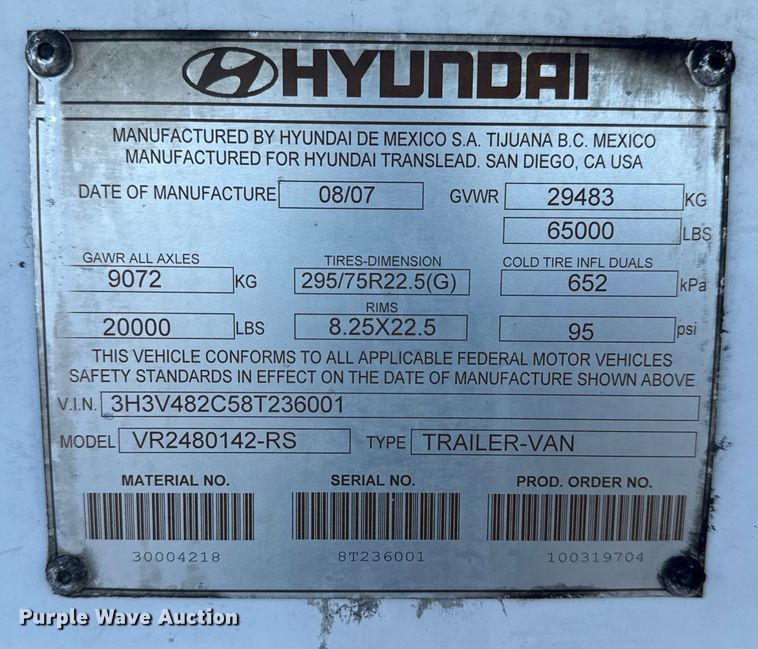 image for item NU9556 2008 Hyundai VR2480142-RS refrigerated van trailer