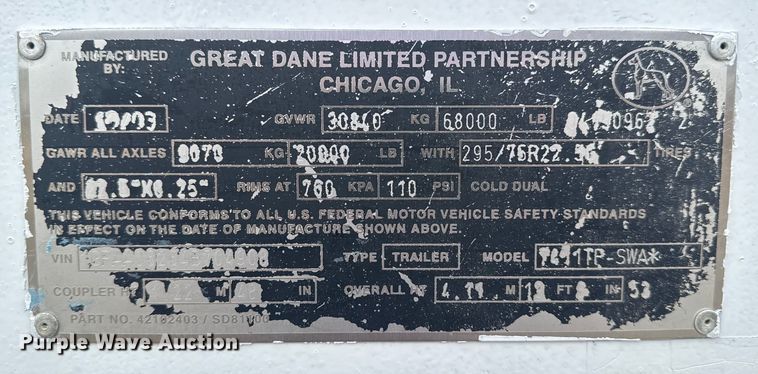 image for item NU9582 2004 Great Dane 7411TP-SWA dry van trailer