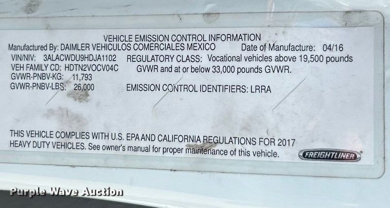 image for item YA0541 2017 Freightliner Business Class M2 box truck