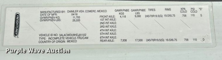 image for item YA0541 2017 Freightliner Business Class M2 box truck