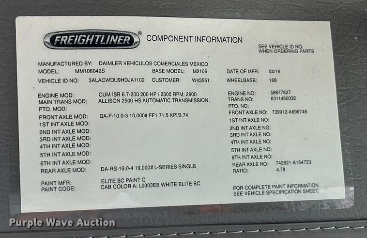 image for item YA0541 2017 Freightliner Business Class M2 box truck