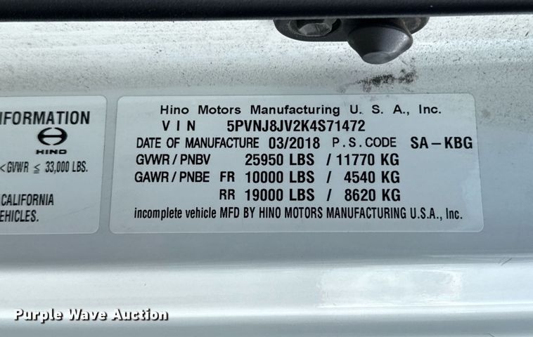 image for item YA0690 2019 Hino 268A box truck