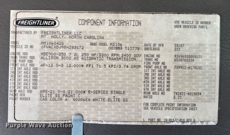 image for item YA0832 2008 Freightliner Business Class M2 truck cab and chassis