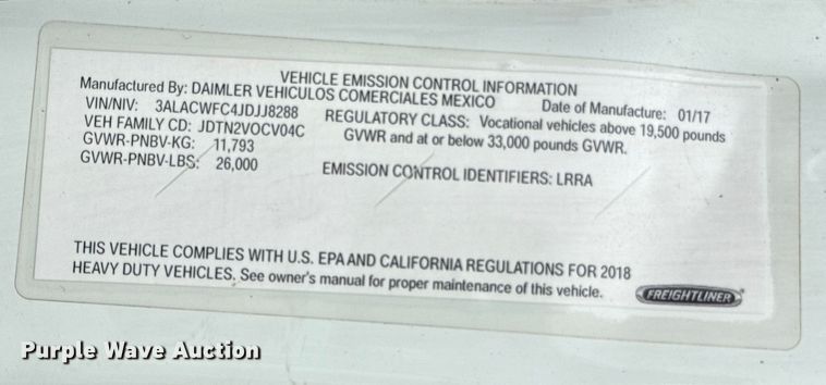 image for item YA0862 2018 Freightliner Business Class M2 box truck