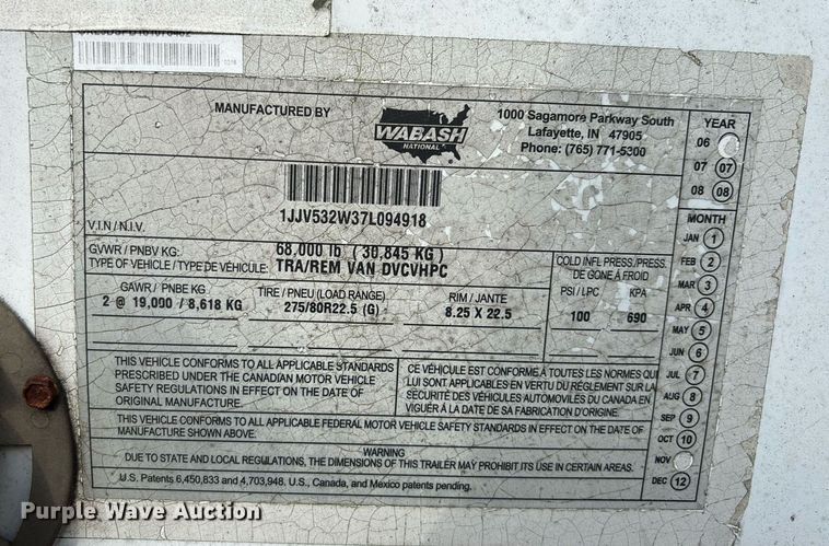 image for item YA0864 2007 Wabash  DVCVHPC dry van trailer