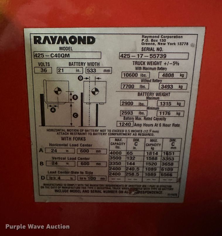 image for item DT6300 Raymond 425-C40QM forklift