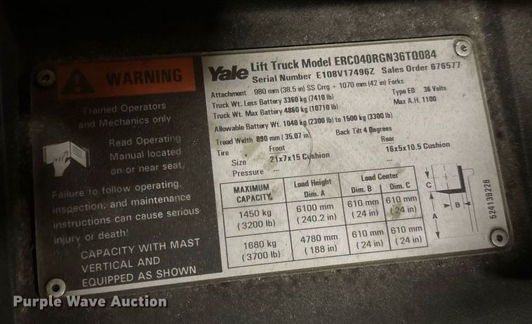 image for item DT6308 2025 Yale ERC040RGN36TQ084 forklift