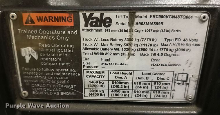 image for item DT6309 2017 Yale ERC050VGN48TQ084 forklift