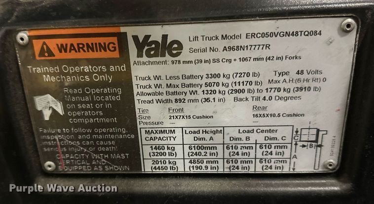 image for item DT6311 2017 Yale ERC050VGN48TQ084 forklift