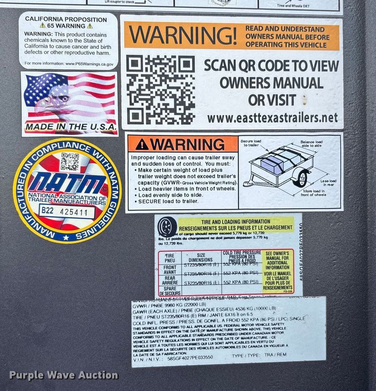 image for item DU1297 2023 East Texas Trailer equipment trailer