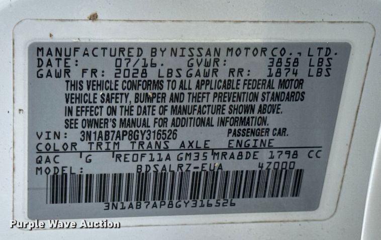 image for item DW6543 2016 Nissan Sentra SR 
