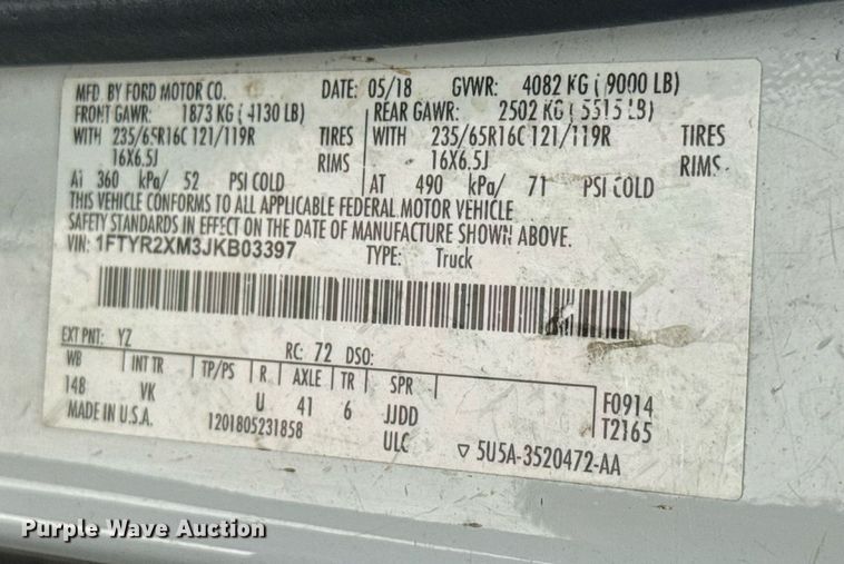 image for item DY0362 2018 Ford Transit Series 250 delivery van