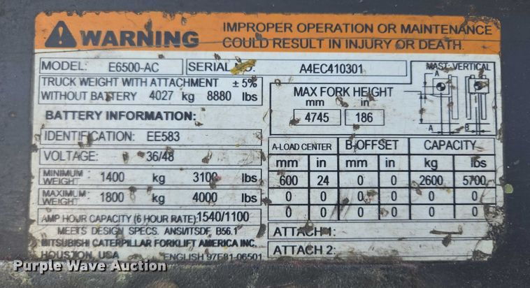 image for item DY1173 Caterpillar E6500-AC forklift
