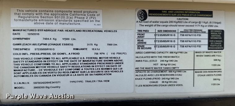 image for item DZ4269 2017 Heartland 3965DSS Big country camper