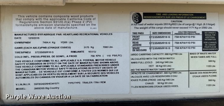 image for item DZ4269 2017 Heartland 3965DSS Big country camper