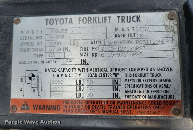 image for item DZ6504 Toyota 7FGU25 forklift