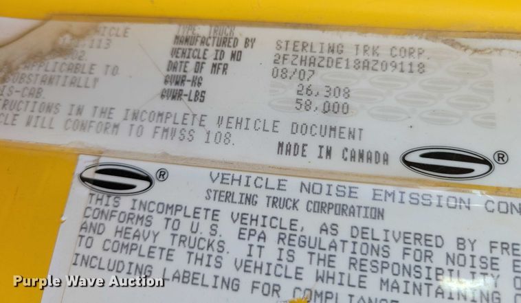 image for item DZ6541 2008 Sterling LT9500 truck cab and chassis