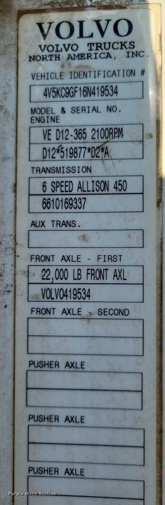 image for item DZ6542 2006 Volvo VHD truck cab and chassis