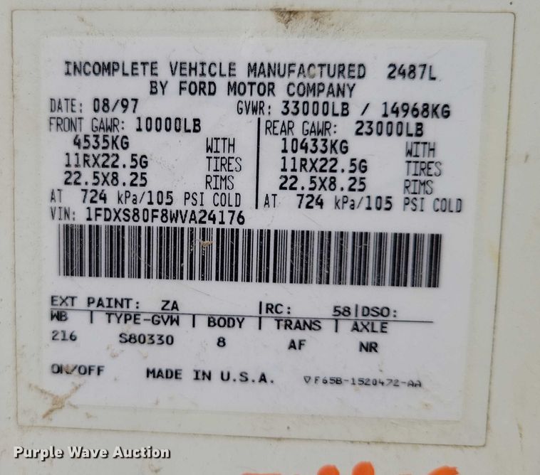 image for item DZ6567 1998 Ford L8513 refuse truck