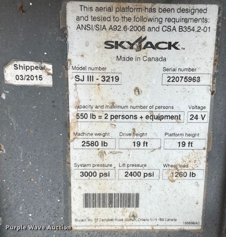 image for item DZ8963 2015 Skyjack SJIII 3219 scissor lift