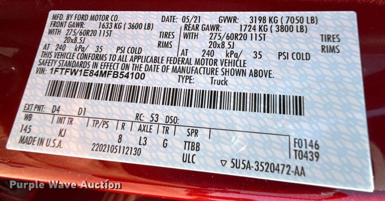 image for item DZ8966 2021 Ford F150 King Ranch SuperCrew pickup truck