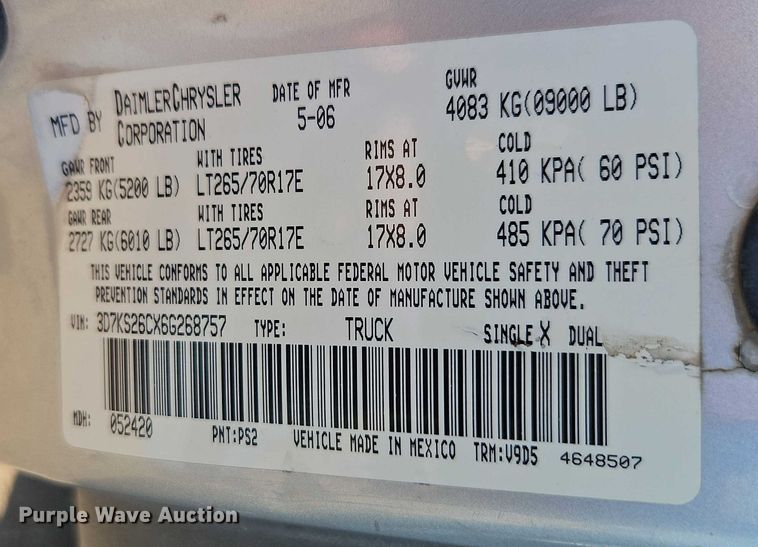 image for item EB8285 2006 Dodge Ram 2500 flatbed pickup truck