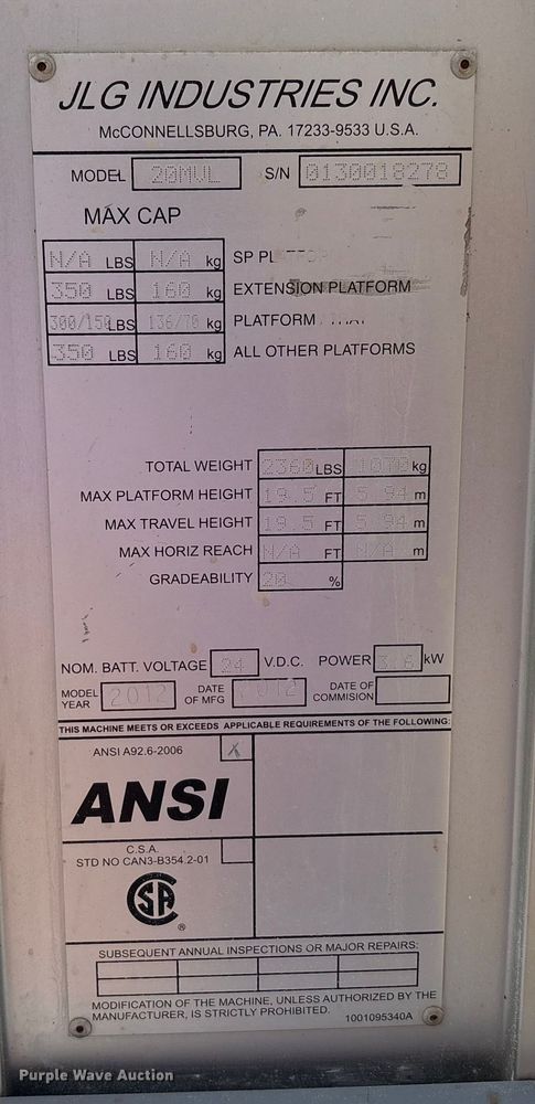 image for item EC4419 2012 JLG 20MVL vertical lift