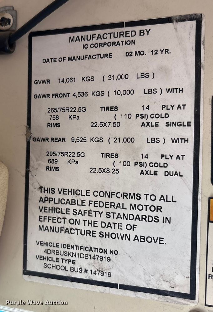 image for item EC7996 2013 IC Corporation 3000 CE school bus