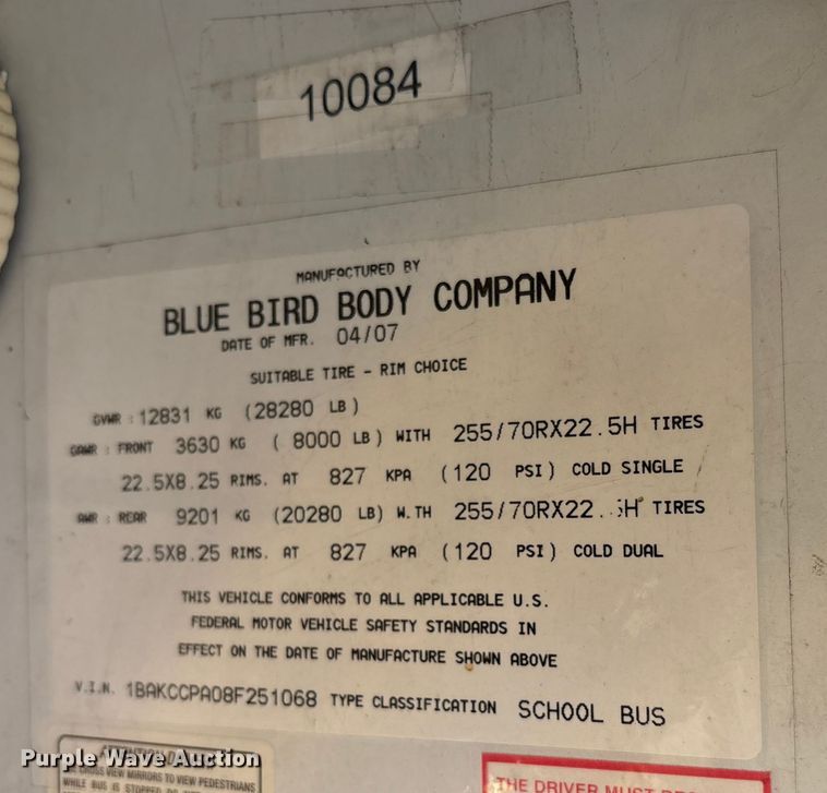 image for item EC7997 2008 Blue Bird Vision school bus