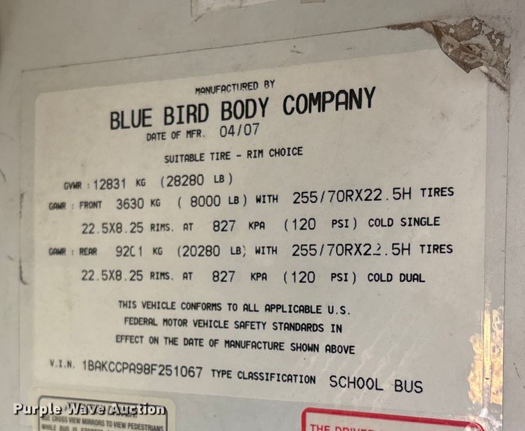 image for item EC7998 2008 Blue Bird Vision school bus