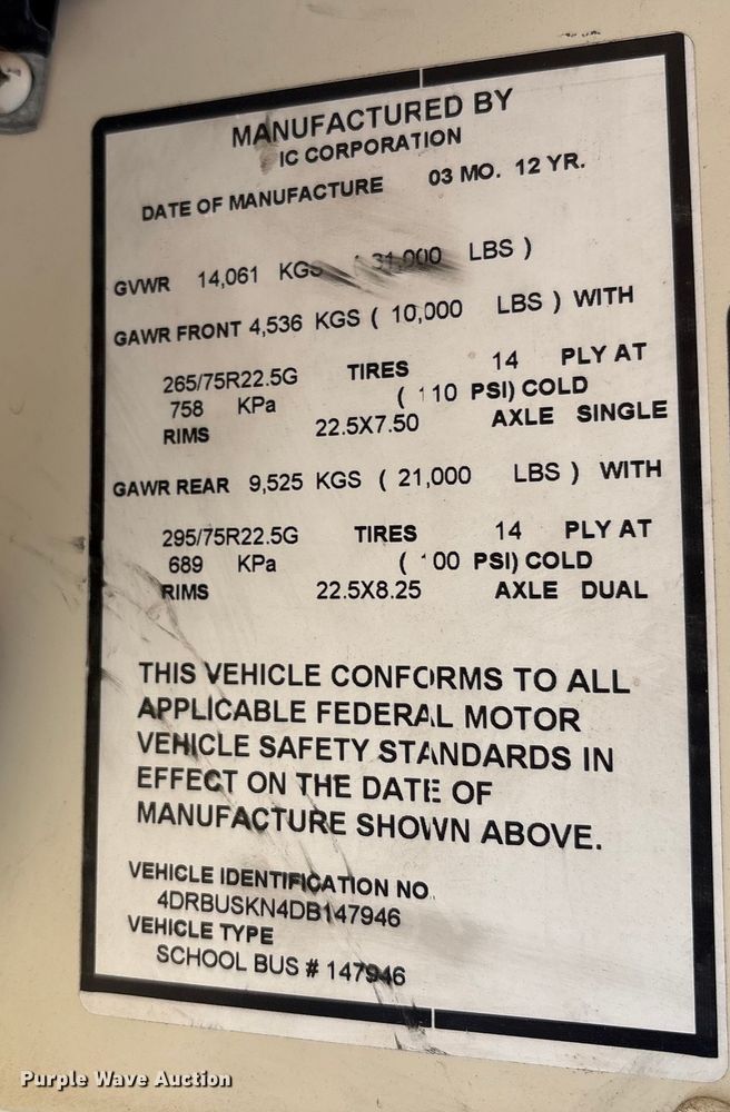 image for item EC7999 2013 IC Corporation PB105 school bus
