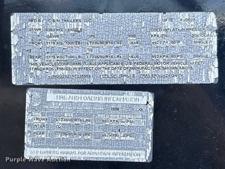 image for item ED5874 2022 C and M Trailers 83X24 GN 7K equipment trailer