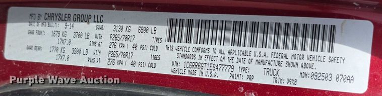 image for item EF3796 2014 RAM 1500 SLT Quad Cab pickup truck