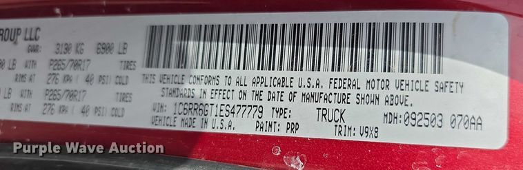 image for item EF3796 2014 RAM 1500 SLT Quad Cab pickup truck