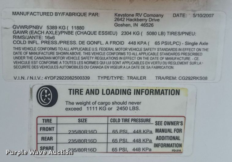 image for item EG5986 2008 Keystone Cougar camper