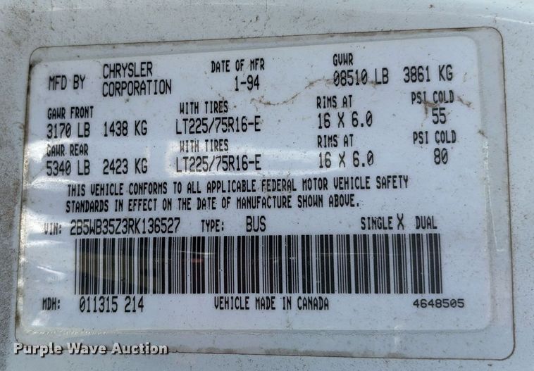 image for item EM0596 1994 Dodge Ram Wagon 350  van