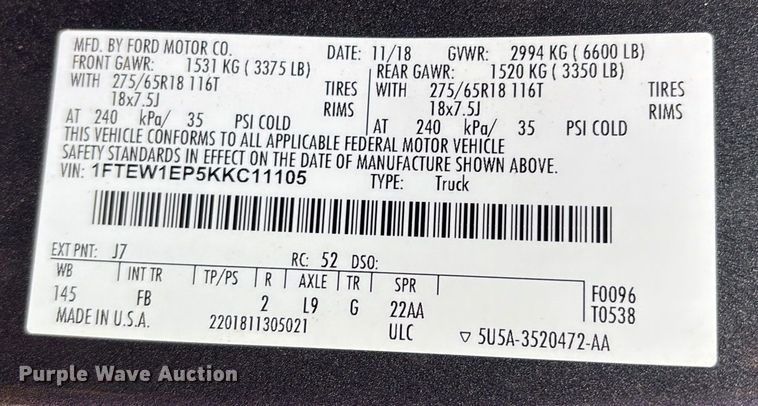 image for item EM0650 2019 Ford F150 XLT SuperCrew pickup truck