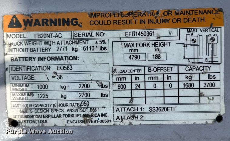 image for item EM2344 Mitsubishi FB20NT-AC forklift