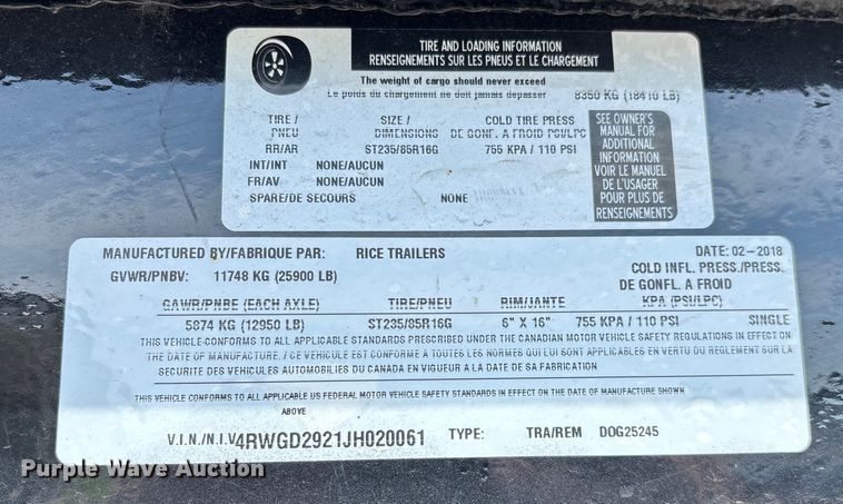 image for item EN5586 2018 Rice D0G25245 equipment trailer