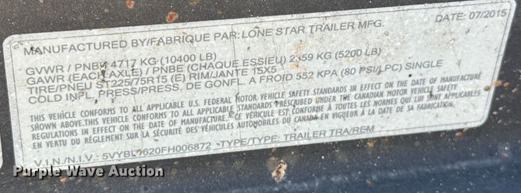image for item EP0539 2015 Lone Star utility trailer