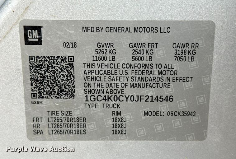 image for item EP0565 2018 Chevrolet Silverado 3500HD Crew Cab bale bed pickup truck