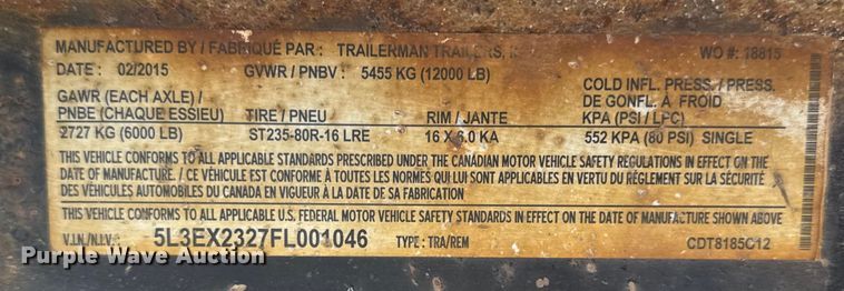 image for item ER0061 2015 Trailerman equipment trailer