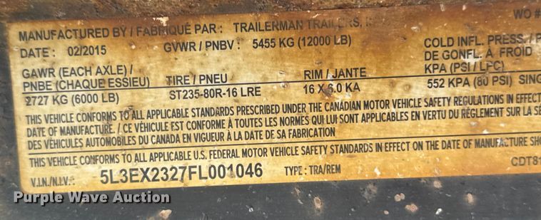 image for item ER0061 2015 Trailerman equipment trailer