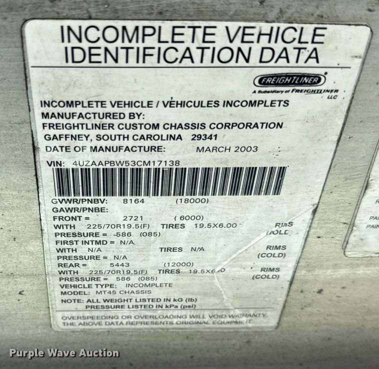 image for item ER0064 2003 Freightliner Utilimaster delivery truck