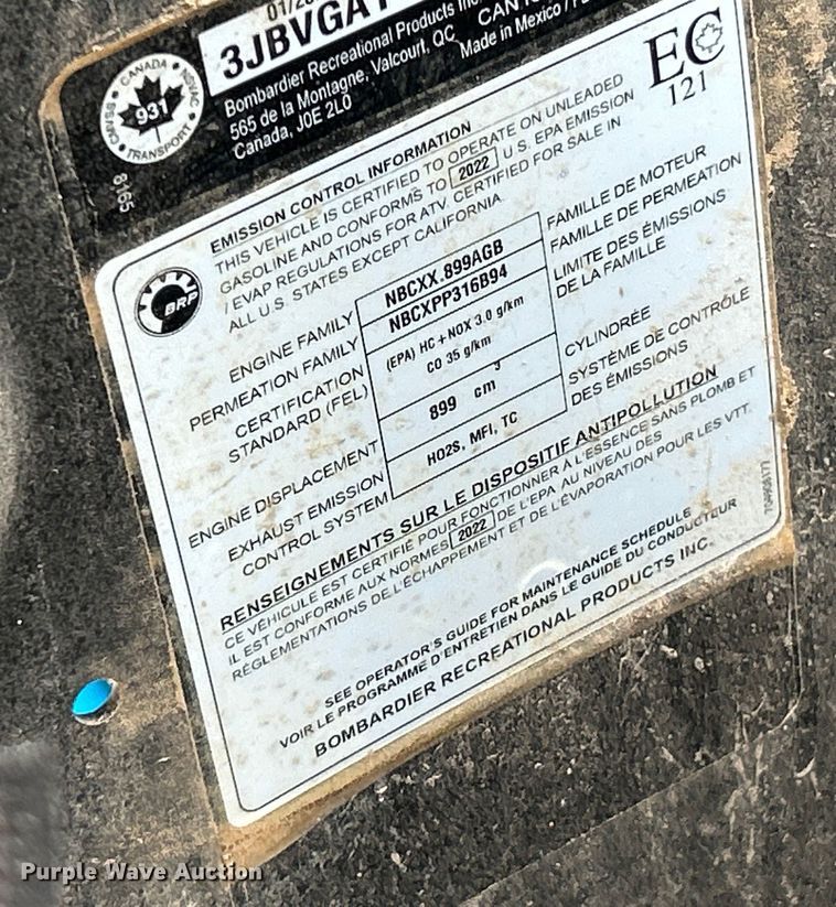 image for item ET3134 2022 Can-Am Maverick DS utility vehicle