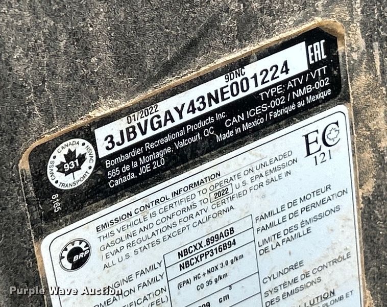 image for item ET3134 2022 Can-Am Maverick DS utility vehicle